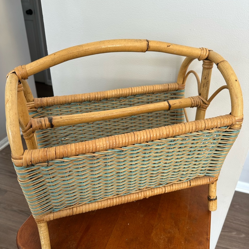 Vintage French Sea-foam Green and Tan Rattan Newspaper Rack